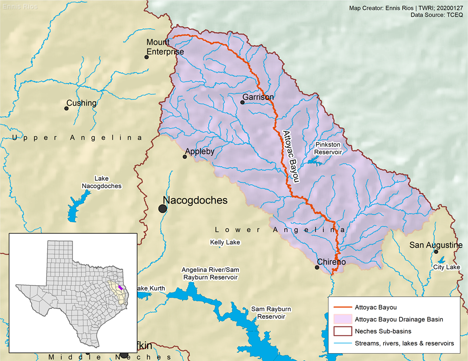 The Attoyac Bayou watershed, in purple, is home to approximately 13,275 people, along with 23,646 cattle and 10,155 feral hogs, as of 2014.